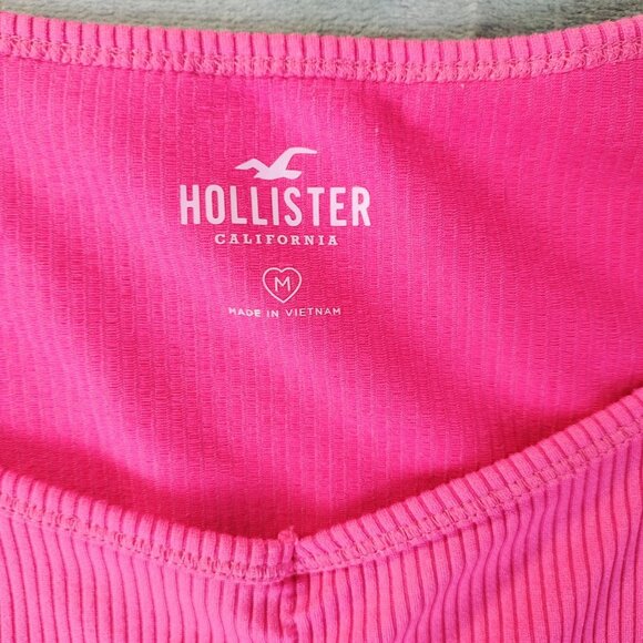 Hollister Womens Ribbed Top Medium Pink Short Sleeve Ruched Casual Y2K Vibe - Picture 2 of 6